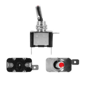 SWITCH (CAJAX10) 1 GOLPE 3P SPST ON-OFF CODILLO METALICO PILOTO ROJO 12V-25AMP (O12.2MM)