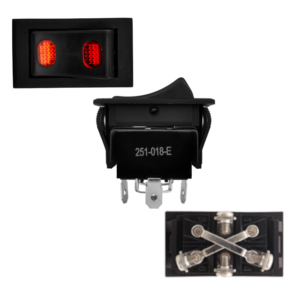 SWITCH 2 GOLPES 4P SPDT ON-OFF-ON TECLA NEGRA PILOTO ROJO-AMARILLO 4.3X2.5CM 12V-20AMP GPM
