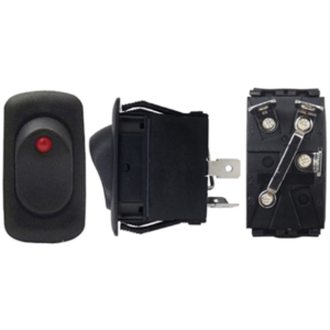 SWITCH 1 GOLPE 3P SPST ON-OFF TECLA NEGRA PILOTO ROJO LED 2.8X4.6CM 12V-21AMP
