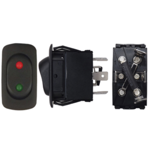 SWITCH 2 GOLPES 4P SPDT ON-OFF-ON TECLA NEGRA PILOTO LED ROJO-VERDE 2.8X4.6CM 12V-21AMP