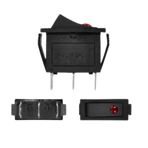 SWITCH (CAJAX10) 1 GOLPE 3P SPST ON-OFF TECLA NEGRA PILOTO ROJO 2.8X1CM 12V-35AMP